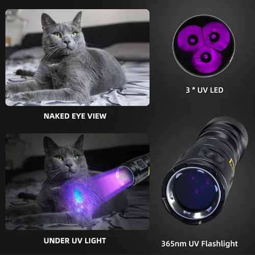 Miniatura 3 de DARKBEAM Linterna UV de 365 nm de luz negra, 3 linternas LED ultravioleta de 20 W, potentes lámparas de madera, luz UV recargable USB-C