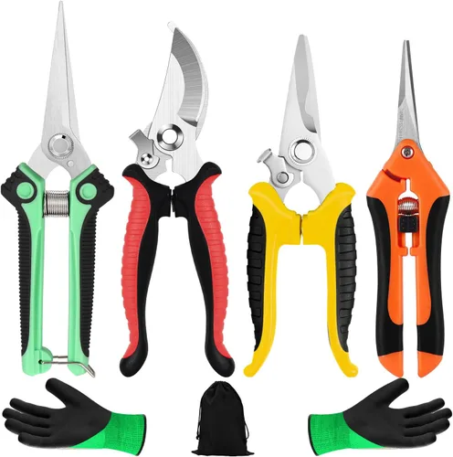 Miniatura 11 de 4 paquetes de tijeras de podar para jardín, con cuchillas de acero inoxidable, tijeras manuales de podar con guantes de jardinería (Rosa)