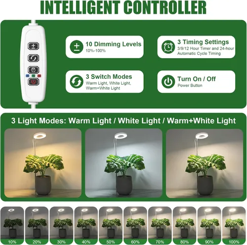 Miniatura 3 de Luz blanca de cultivo de 3.54 pulgadas, luces de espectro completo para plantas para cultivo en interiores con temporizador de 3/9/12H, 3 modos