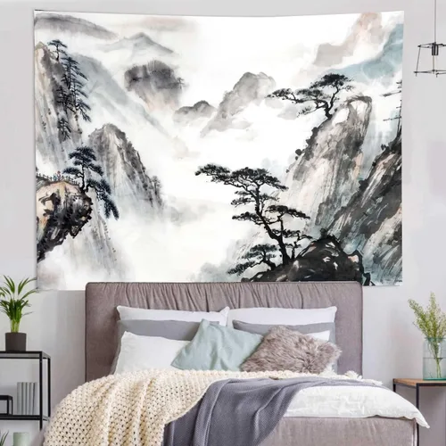 Miniatura 2 de Hjokiupt Tapiz japonés, pintura de paisaje asiático, tinta oriental, acuarela, árbol de montaña, decoración abstracta de dormitorio, tapiz