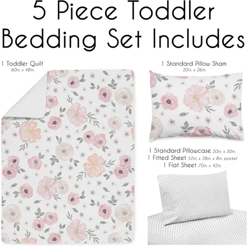 Miniatura 3 de Sweet Jojo Designs Juego de ropa de cama de 5 piezas de edredón, funda y sábanas con diseño de lunares y flores de rosa Acuarela rosa y gris