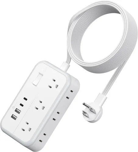 Miniatura 9 de Regleta de alimentación NTONPOWER con cable de extensión plano de 25 pies, con 6 salidas y 4 puertos USB (2 USB C), enchufe plano, múltiples Blanco