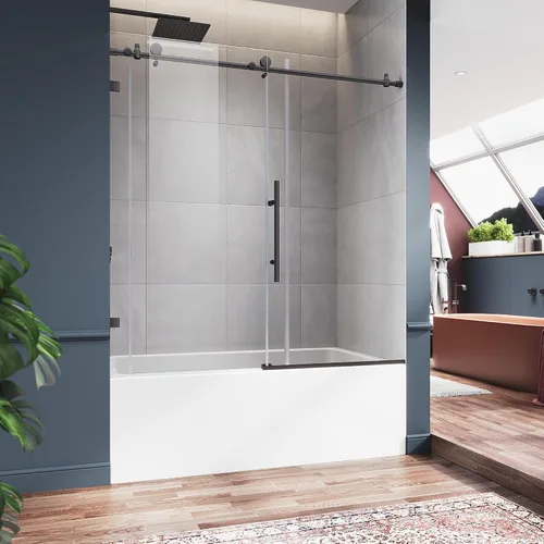 Miniatura 8 de ELEGANT Puerta corredera sin marco para bañera de 60 pulgadas de ancho x 62 pulgadas de alto, puerta corrediza de vidrio para bañera con vidrio