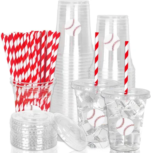 Miniatura 21 de Whaline 50 vasos de plástico desechables patrióticos de 12 onzas con tapas y pajitas con la bandera estadounidense del 4 de julio, vasos