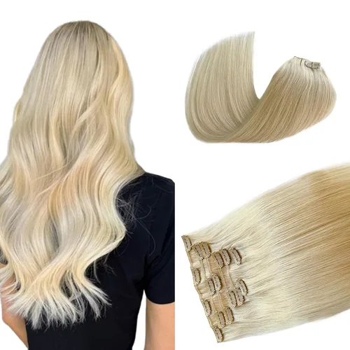 Miniatura 35 de Extensiones de cabello rubio ceniza con reflejos, extensiones de cabello humano real con clip, de 12 pulgadas, 2.47 onzas, doble trama, invisible