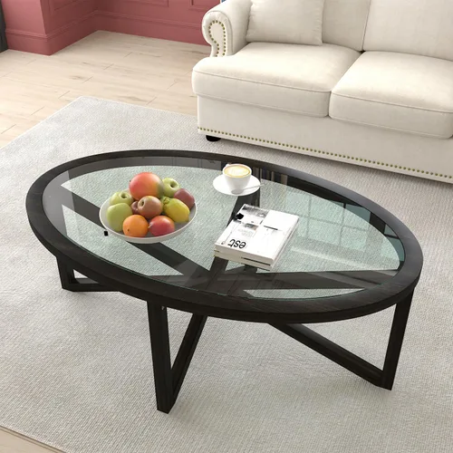 Miniatura 7 de Mesa auxiliar redonda de 22.1 pulgadas, mesa auxiliar moderna con parte superior de vidrio templado y base de madera maciza para espacios pequeños