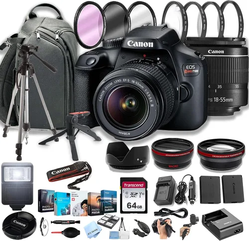 Canon EOS Rebel T100 - Cámara DSLR con lente EF-S de 0.709-2.165 in F/3.5-5.6 de zoom + súper teleobjetivo de 16.535-31.496 in + tarjetas de memoria