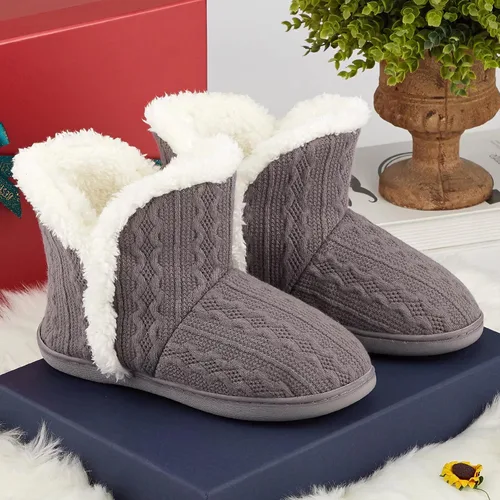 Miniatura 7 de NineCiFun Botines de invierno mullidos para mujer, botas de punto, pantuflas cálidas para el hogar, para exteriores e interiores con forro de piel
