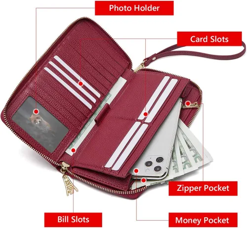 Miniatura 3 de FOXLOVER Carteras de cuero genuino para mujer, con bloqueo RFID, con cremallera, con pulsera