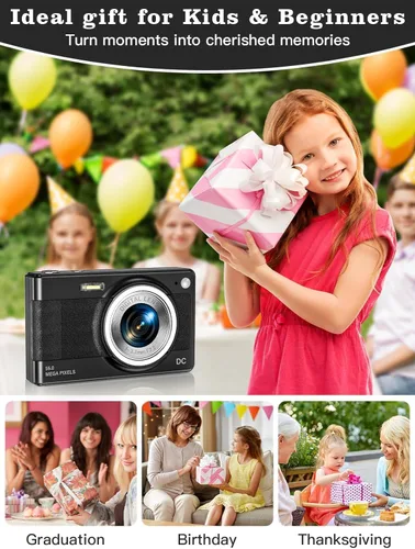 Miniatura 7 de Cámara digital mejorada, 56MP FHD 1080P para niños con zoom 16x anti-sacudida, tarjeta TF de 32GB, dos baterías, cordón, compacta pequeña para niños