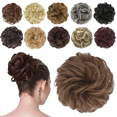 Miniatura 27 de FESHFEN Pieza de Cabello de Moño Desordenado - Extensiones Elásticas Onduladas Rizadas de Moño Scrunchies Sintético Chignon Postizos para Mujeres