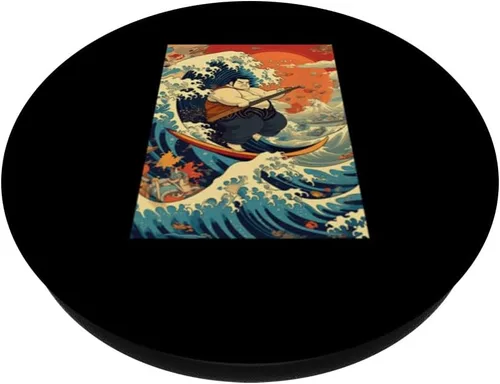 Miniatura 2 de Funny Surfing Sumo Wrestler on Kanagawa Great Wave PopSockets Adhesive PopGrip