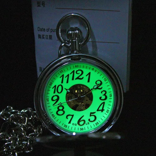 Miniatura 3 de OGLE Lupa plateada impermeable Tourbillon Phases Moon Chain Fob Auto Bobinado automático Skeleton Half Hunters Reloj de bolsillo mecánico