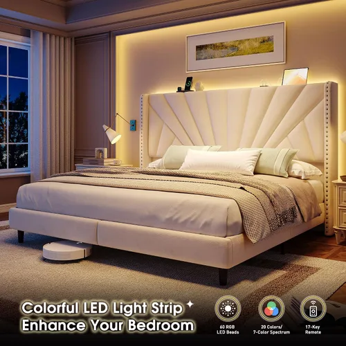 Miniatura 5 de EnHomee Base de cama tamaño King con cabecera de 1,30 m de altura con respaldo de alas, cama tapizada en terciopelo con plataforma, estación de Beige
