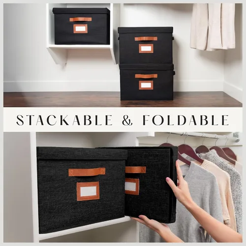 Miniatura 5 de Paquete de 3 cajas de almacenamiento grandes de tela con tapas (15.75 x 11.25 x 11.25 pulgadas), contenedor decorativo con tapa, soporte