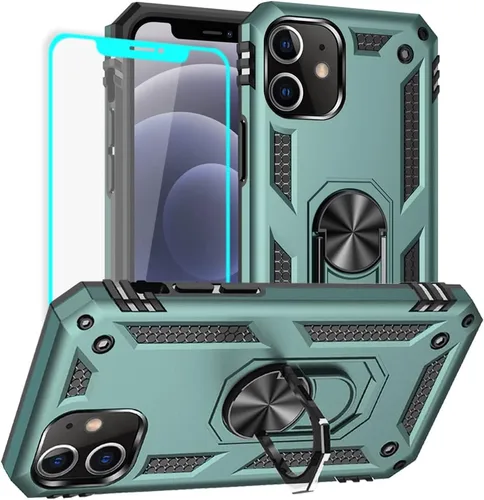Miniatura 25 de Yiakeng Funda para iPhone 12 Mini: Funda para iPhone 12 Mini con protector de pantalla HD, fundas protectoras de grado militar con anillo para Verde