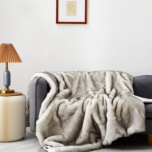 Miniatura 8 de Eikei Manta de lujo de piel sintética súper suave, de gran tamaño, gruesa, cálida, afgana, reversible a terciopelo de felpa en lobo gris tostado