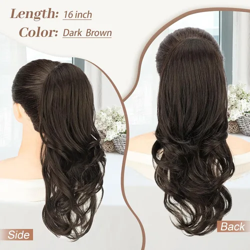 Miniatura 2 de KooKaStyle Extensiones de cola de caballo, 16 pulgadas, color marrón oscuro, largo, ondulado, con clip, extensiones de cabello sintético en capas
