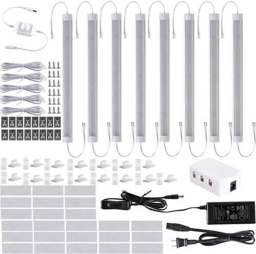 LABOREDUCER Iluminación para debajo del gabinete, enchufe o cableado blanco frío de 6000 K, paquete de 8 luces LED regulables de 11 pulgadas blanco