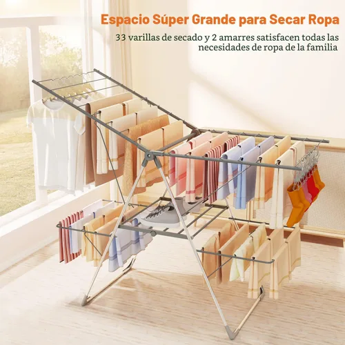 Miniatura 2 de Estante de Secado de Ropa Bigzzia Plegable, Estante de Secado de Ropa de 2 Niveles Grande para Lavandería Plegable, Estante de Secado de Acero Gris