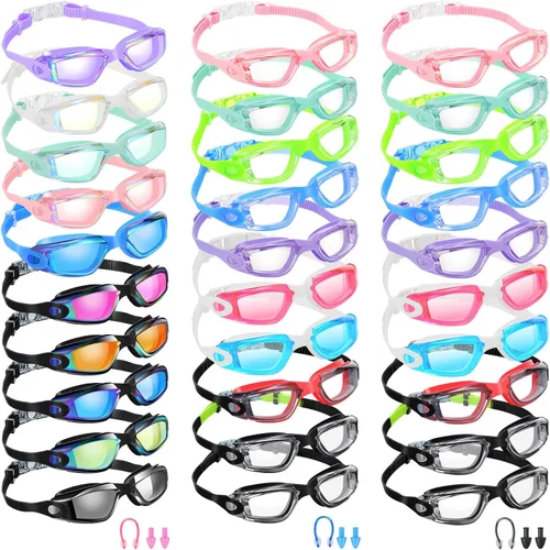 Yexiya 30 pares de gafas de natación con clip nasal y tapones para los oídos, antiniebla, protección UV, sin fugas, visión amplia de verano