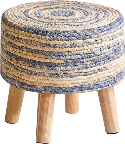 Miniatura 9 de YMYNY Taburete para pies, tejido de mano natural de algas marinas, 12.6 pulgadas, natural+azul HBD027Q Otomana pequeña, reposapiés redondo, patas