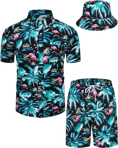 Miniatura 96 de TUNEVUSE Conjunto de camisas y pantalones cortos hawaianos para hombre, 2 piezas, trajes de playa con estampado de flores, traje tropical de verano
