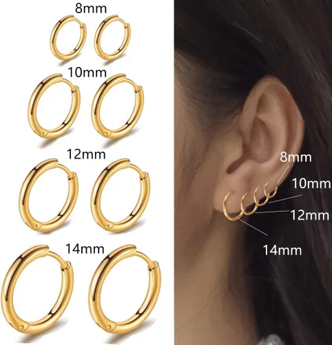Miniatura 4 de 7 pares de aretes de aro de acero inoxidable quirúrgico 316L para mujeres y hombres, chapados en oro de 18 quilates, aretes de aro pequeños