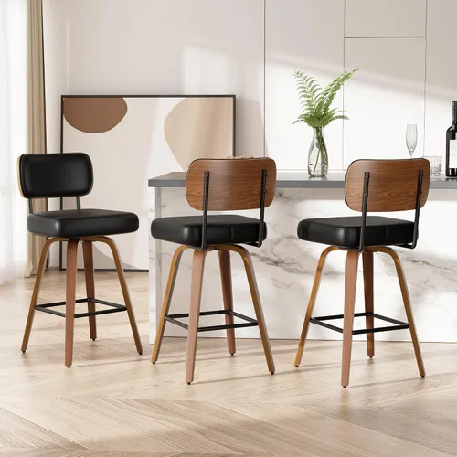 Miniatura 58 de Juego de 1 taburete de bar giratorio, taburetes de bar tapizados de 26" de altura para encimera con respaldo de nogal y patas de madera curvada