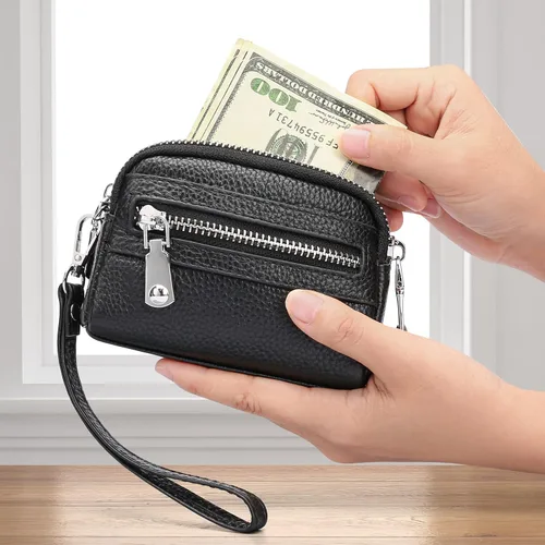 Miniatura 7 de SENDEFN Monedero para mujer de cuero con doble cremallera alrededor de bolsa pequeña, Negro -, 5256