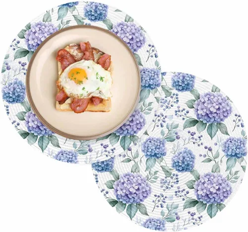 Miniatura 8 de Juego de 2 manteles individuales para mesa de comedor, flores de hortensias moradas, hojas de acuarela, 15 pulgadas, decorativos, redondos