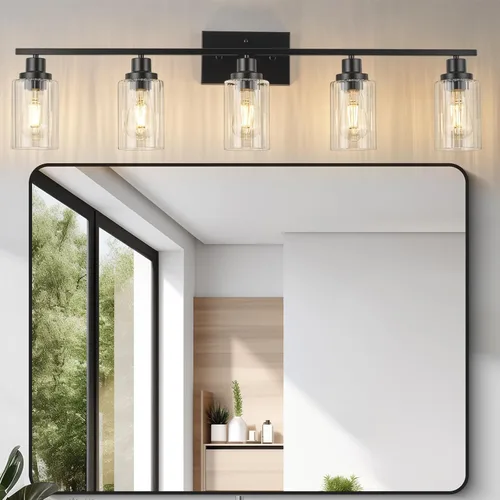Miniatura 21 de Jonsi Accesorios de iluminación de baño dorados, 2 luces de tocador de oro cepillado con pantalla de vidrio estriada, luces modernas sobre espejo