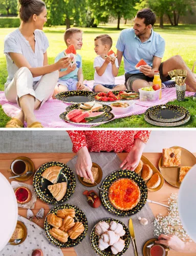 Miniatura 5 de Nkaiso 141 piezas de suministros para fiestas en negro y dorado, juegos de decoración desechables para fiestas que incluyen platos de papel