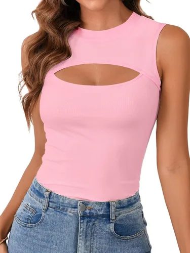 Miniatura 23 de Vrtige Camiseta sin mangas sexy con cuello redondo para mujer, de punto acanalado, sin mangas, ajustada