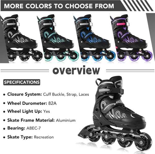 Miniatura 6 de Patines en línea para niñas y niños de 5 a 8 años, 8 a 12 años, ruedas iluminadas, tamaño ajustable, para niños, adultos, mujeres, exteriores Negro
