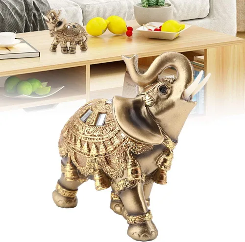 Miniatura 2 de ZJchao Escultura de elefante dorado, artesanía de la suerte, estatua de elefante dorado de Feng Shui, figura de riqueza para decoración del hogar (L)
