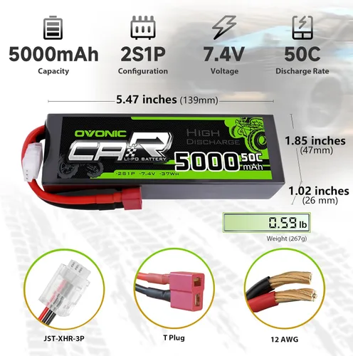 Miniatura 2 de OVONIC Batería Lipo de 7.4V 5000mAh 50C 2S Lipo Batería HardCase con Dean Estilo T Plug para RC Car Bigfoot Arrma Axial Losi Slash Buggy y Monster