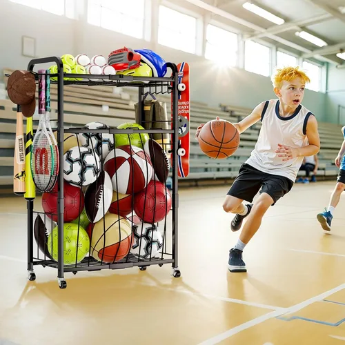Miniatura 2 de Estante de almacenamiento para pelotas de garaje, organizador de equipo deportivo con ruedas, carrito de pelota deportiva con cuerda elástica