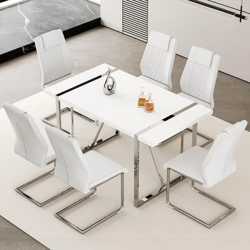Juego de mesa de comedor moderno de 55 pulgadas para 6, superficie de mesa blanca y estructura de metal plateado, mesa rectangular para comedor con
