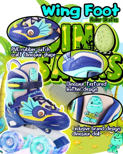 Miniatura 4 de Dino - Patines de ruedas para niños y niñas, WESKIFAN Dinosaur Quad Skating Shoes con ruedas brillantes y tamaños ajustables para principiantes