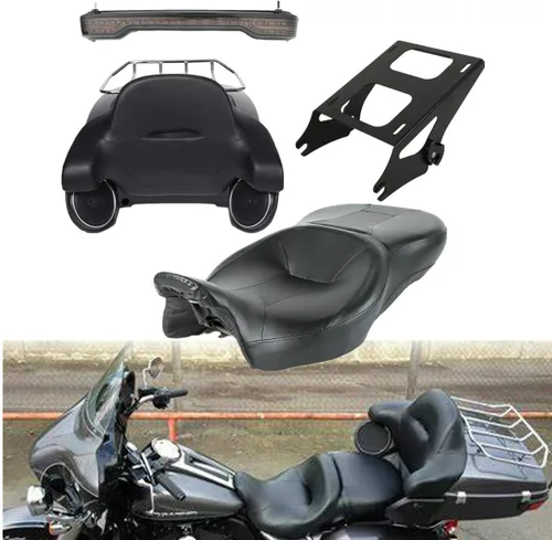Miniatura 32 de TCMT Caja de maletero para motocicleta King con respaldo envolvente y portaequipajes con altavoces, para 2 personas, compatible con Harley 2014-2025