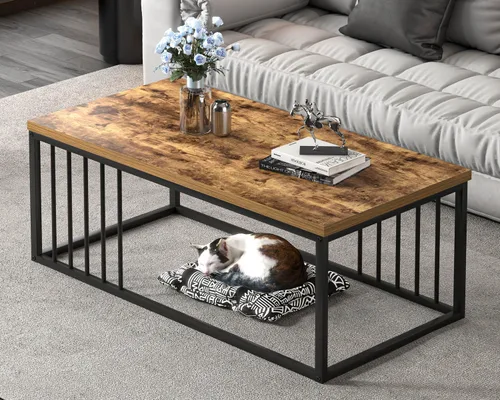 Miniatura 6 de FOLUBAN Mesa de café, moderna mesa de sala de estar de madera y metal, mesa de té rectangular industrial, marrón rústico, 43.3 pulgadas