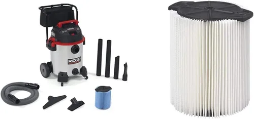 RIDGID Aspiradora de acero inoxidable 1610RV de 16 galones con carrito, motor HP de 6.5 picos y filtro estándar RIDGID VF4000