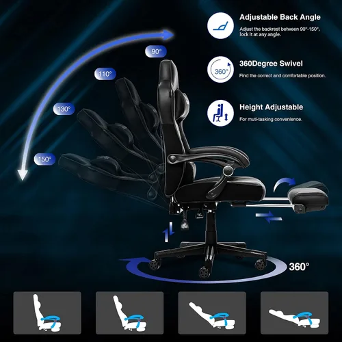 Miniatura 5 de ELECWISH Sillas de juego para adultos, respaldo alto, giratorias, reclinables, ergonómicas, para videojuegos, reposacabezas y soporte lumbar, silla