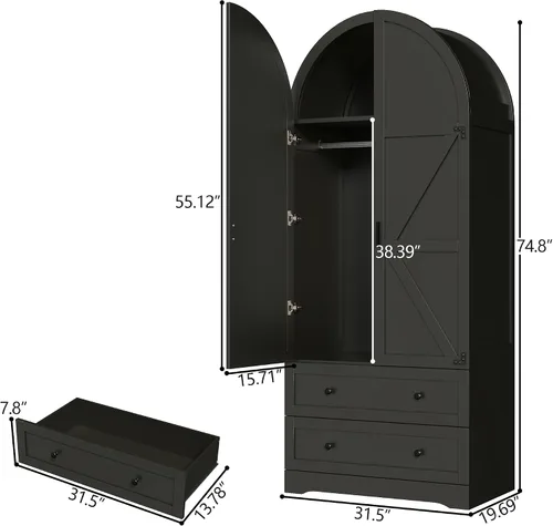 Miniatura 2 de Gyfimoie Armario Ropero Negro de 74.8" con 2 Cajones y 2 Puertas, Armario Alto de Dormitorio Independiente con Estantes, Gabinete de Almacenamiento