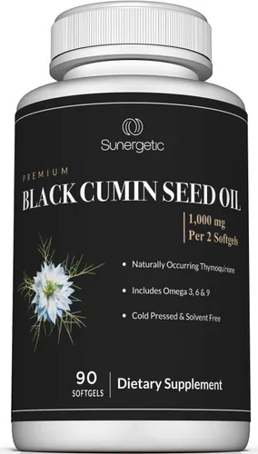 Cápsulas blandas de aceite de semilla de comino negro prémium – 1000 mg de aceite de semilla negra por porción – Nigella sativa prensada en frío sin