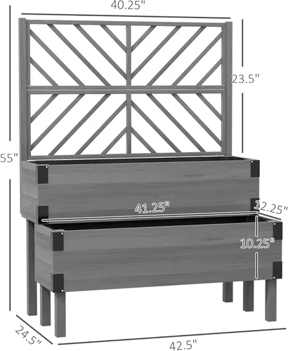 Miniatura 7 de Outsunny Cama de jardín elevada de 2 niveles con enrejado, maceta elevada de madera con agujeros de drenaje, forros, esquinas de metal, maceta Gris