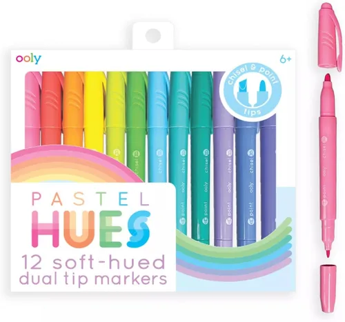 Ooly Marcadores de Doble Punta en Tonos Pastel - Juego de 12 Colores a Base de Agua, Punta de Cincel y Punta Fina en Cada Marcador para Niños,