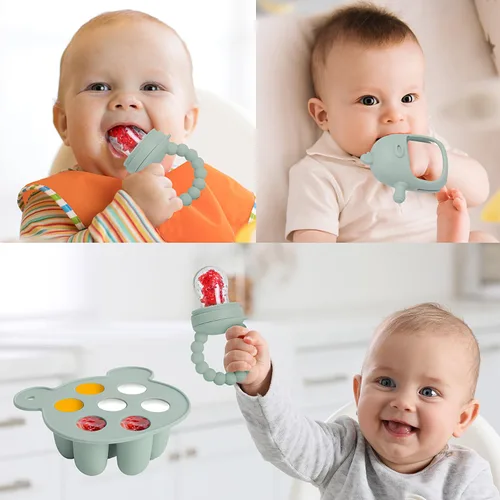 Miniatura 4 de Juego de alimentador de frutas y alimentos 3 en 1 para bebés, molde de paletas de leche materna con bandeja congeladora, juguete para aliviar