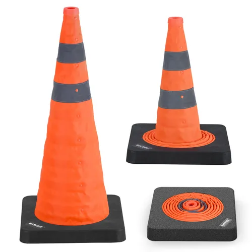 Miniatura 10 de BATTIFE Paquete de 4 conos naranjas plegables de seguridad de tráfico de 28 pulgadas con base negra pesada, conos emergentes multiusos y collar